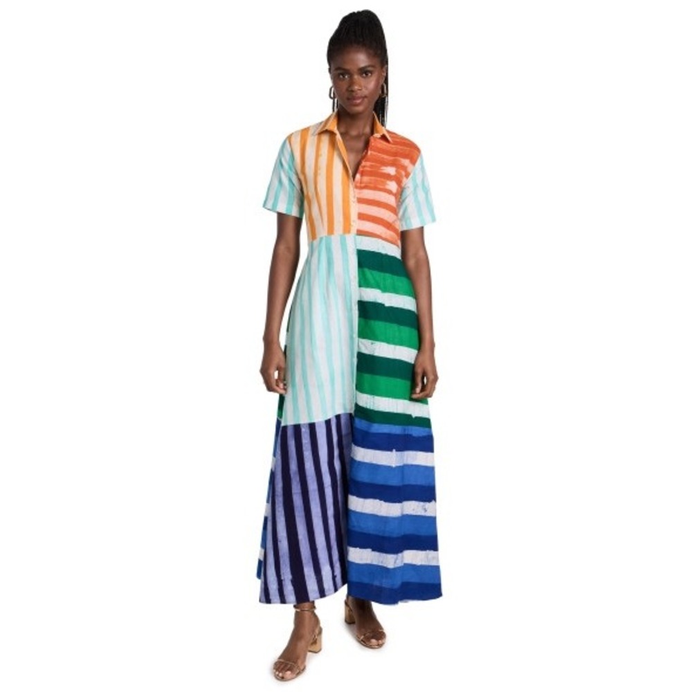 Studio 189 Batik Mixed Print Shirt Dress Womens M Multi Stripe Maxi Resort